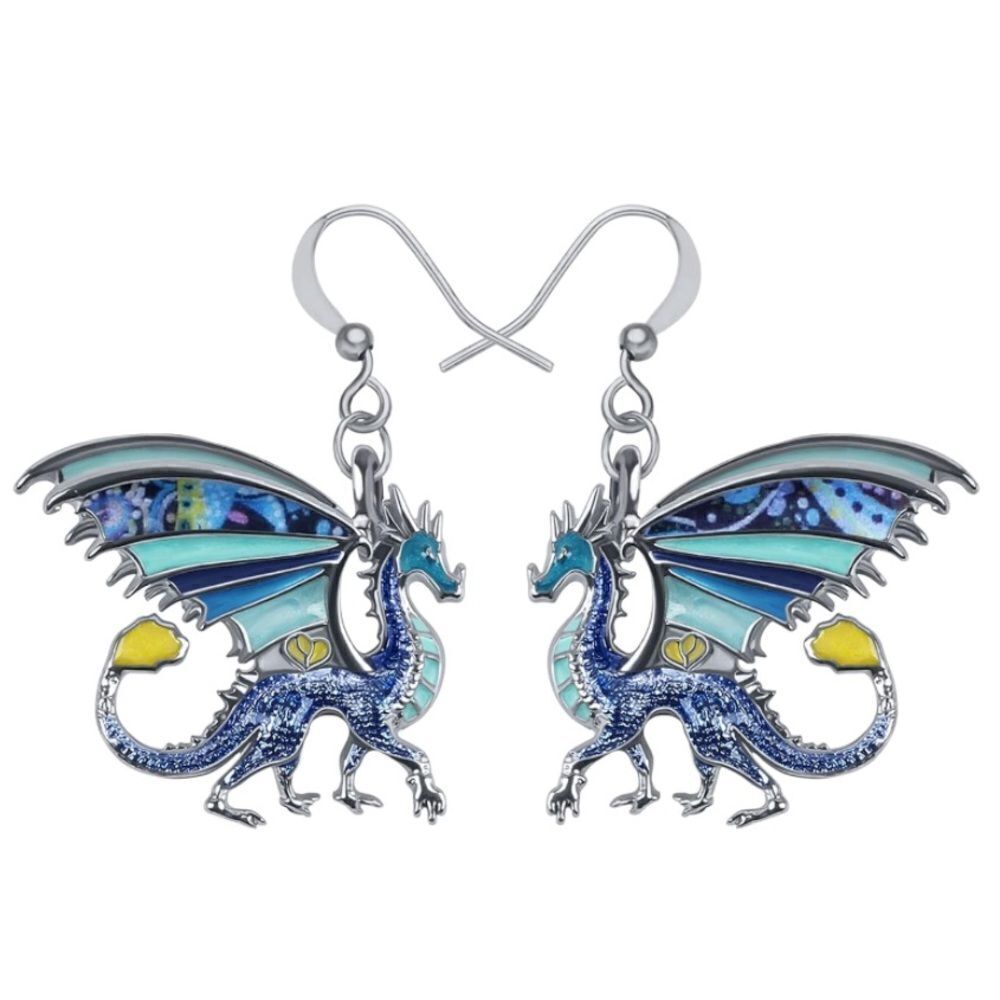 Silver and Multicolor Enamel Mythical Dragon Dangling French Wire Hook Earrings